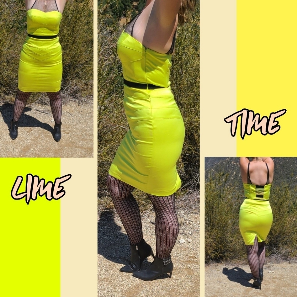 Satin Neon Dress Lemon Yellow Black Mesh Party Dopamine Dressing Bright Size 8